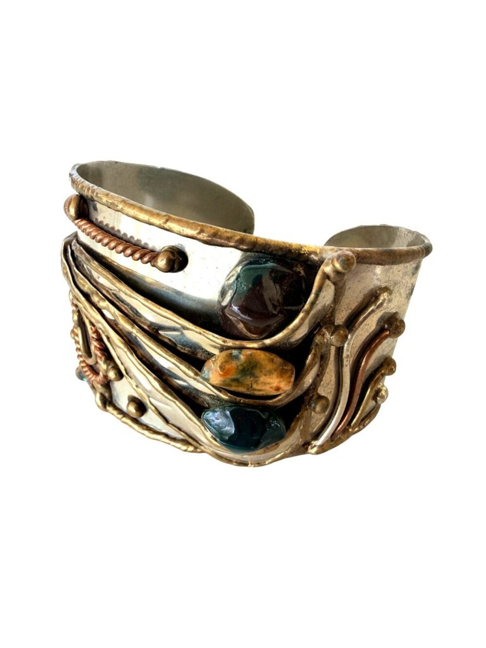 Vintage Mixed Metal Wide Cuff Goddess Bracelet 3 Stones Artisan